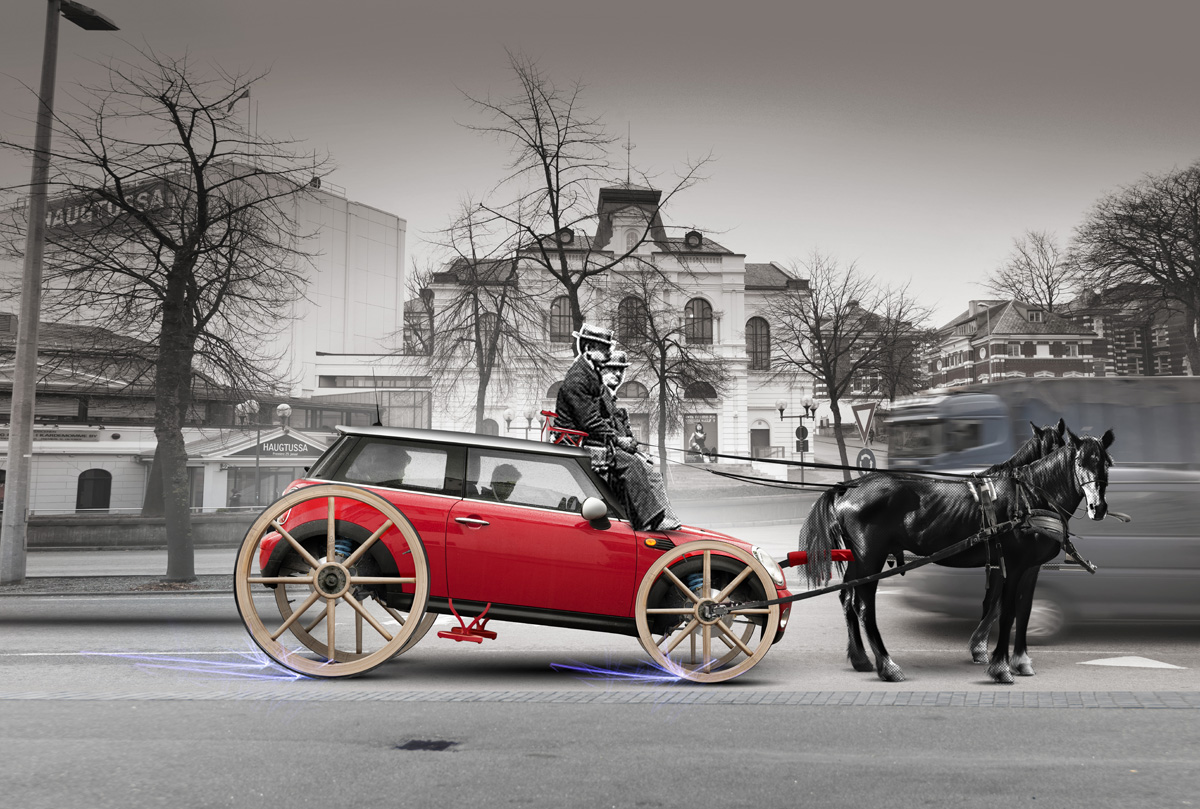 Illustrasjon av to personer som kjører med hest og kjerre foran teatret.