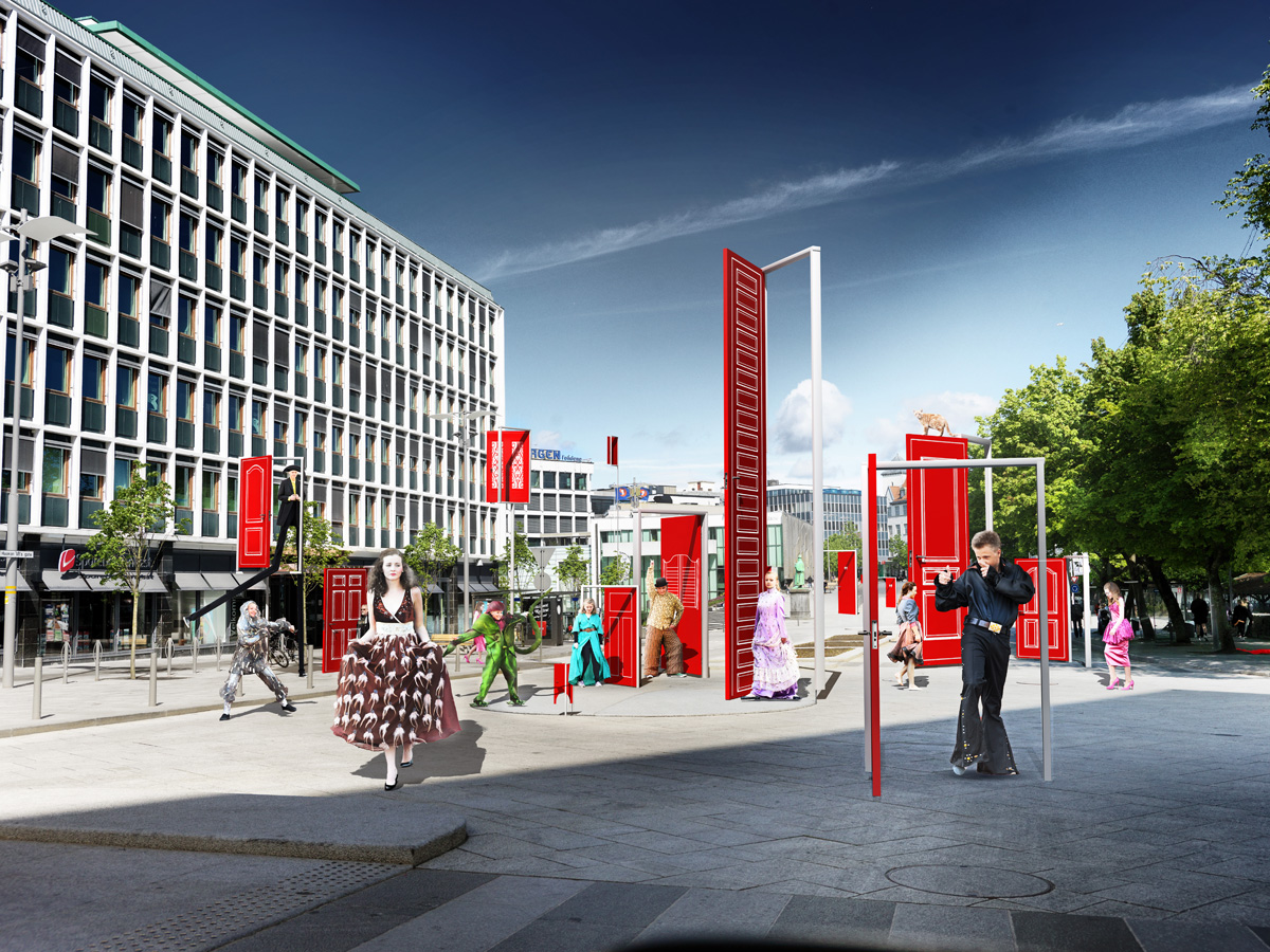 En illustrasjon av folk i ulike kostymer på torget i Stavanger.