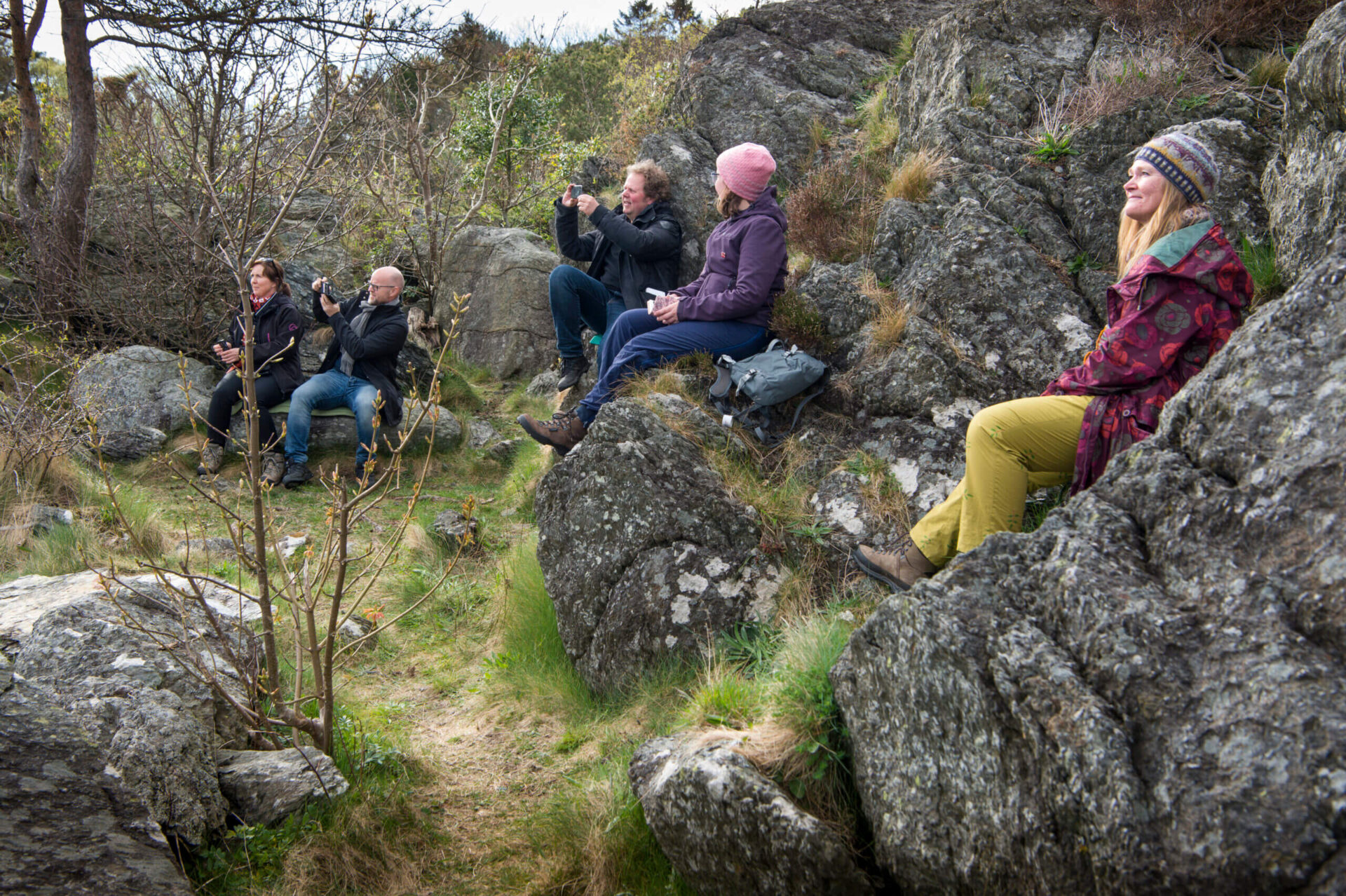 Fem publikummere sitter utendørs på et berg ved Gandsfjorden.