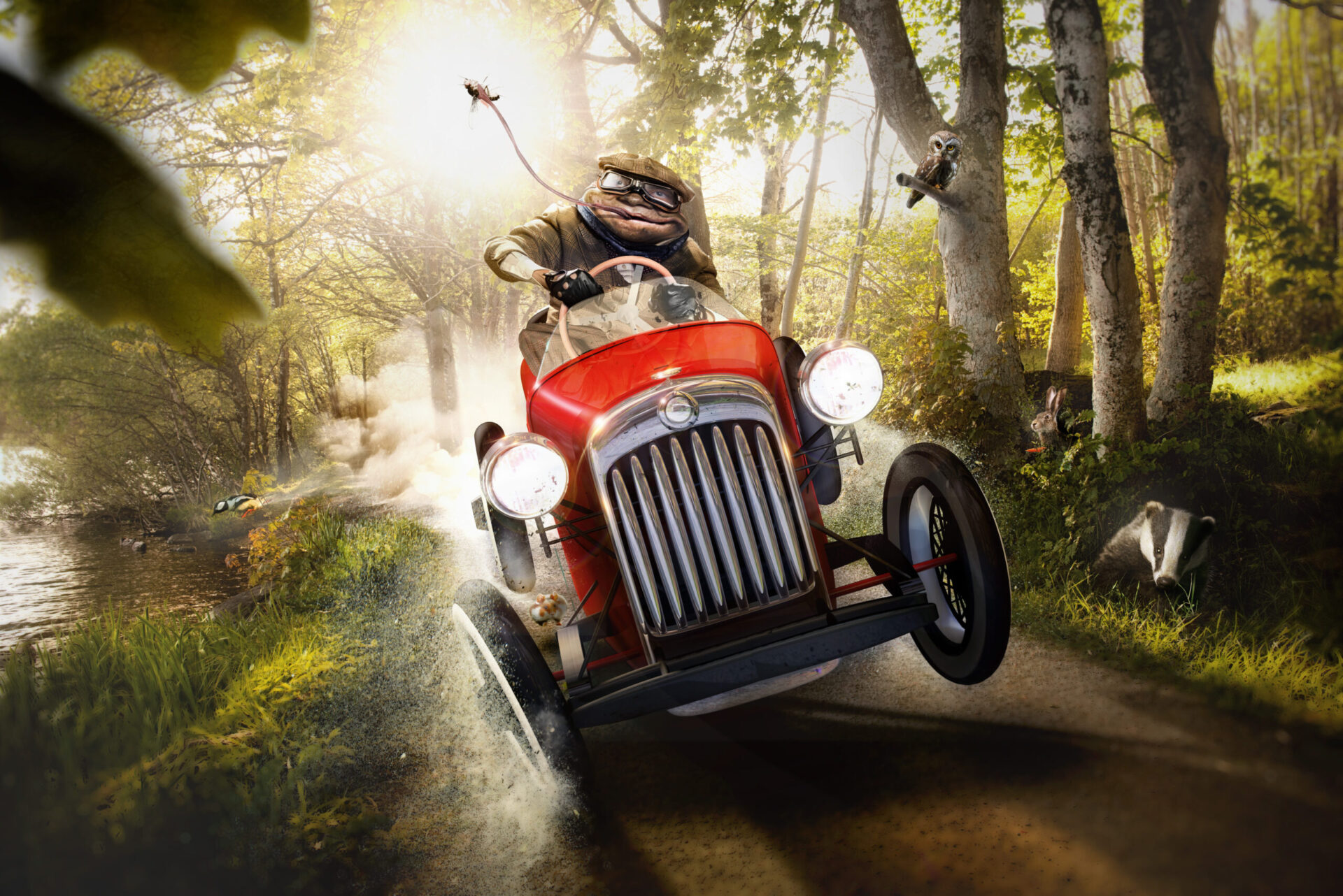 En froks i en gammel rød bil. Plakatfoto for Det suser i sivet