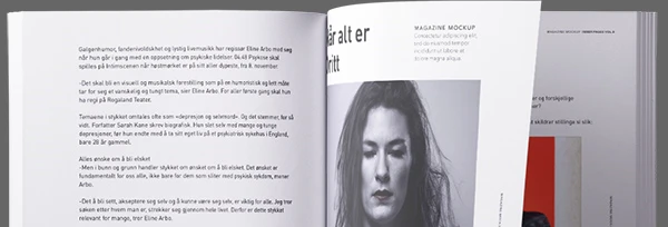 Teatermagasinside med tekst og bilde av skuespiller Helga Guren