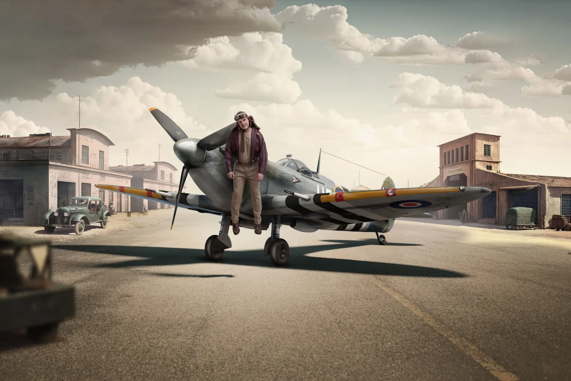 En mann som henger fra propellen til et fly og ser trist ut