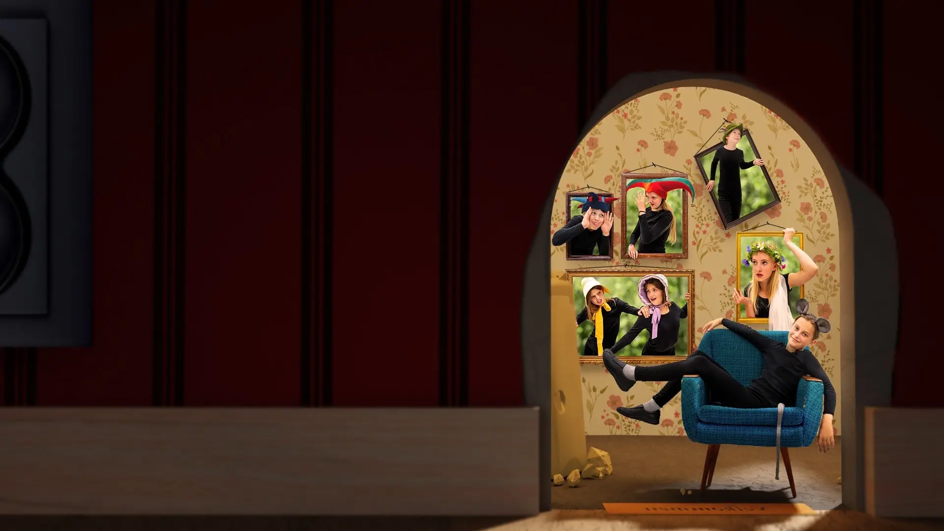 Plakatfoto av skuespillerne i Lillemus-mei og villlungane.