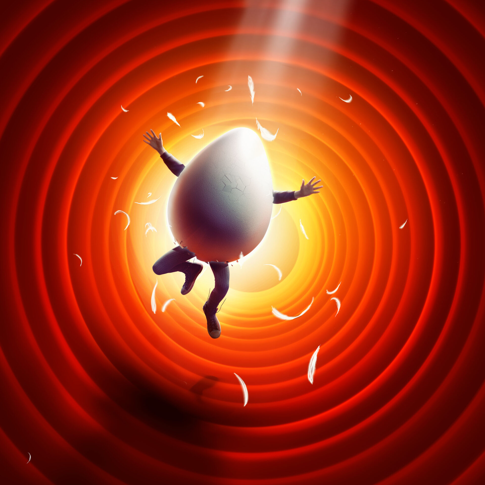 Bilde av et egg med menneskearmer og ben som hopper ut av ringene fra Looney Tunes!