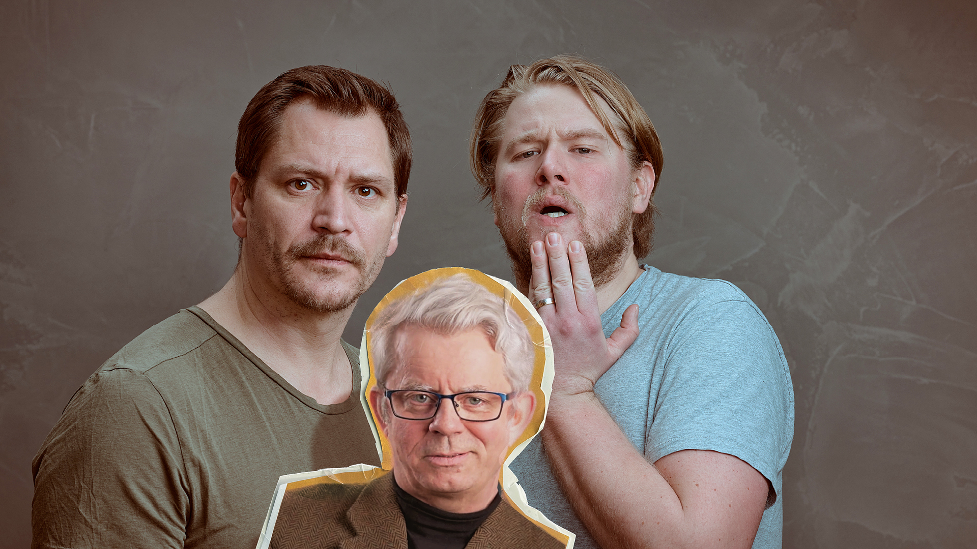 To menn som titter mot kamera, og et utklippet bilde av Knut Nærum