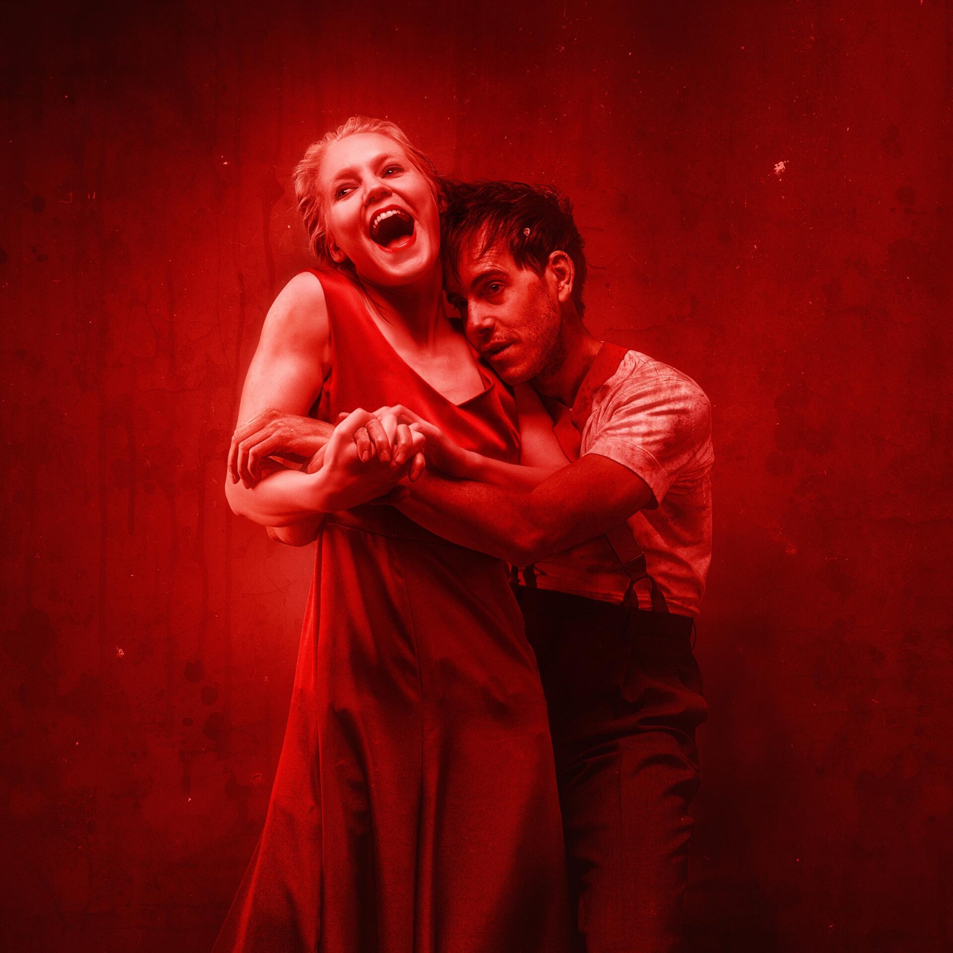 Bilde av et par der kvinnen ler og mannen er utslitt etter krig.