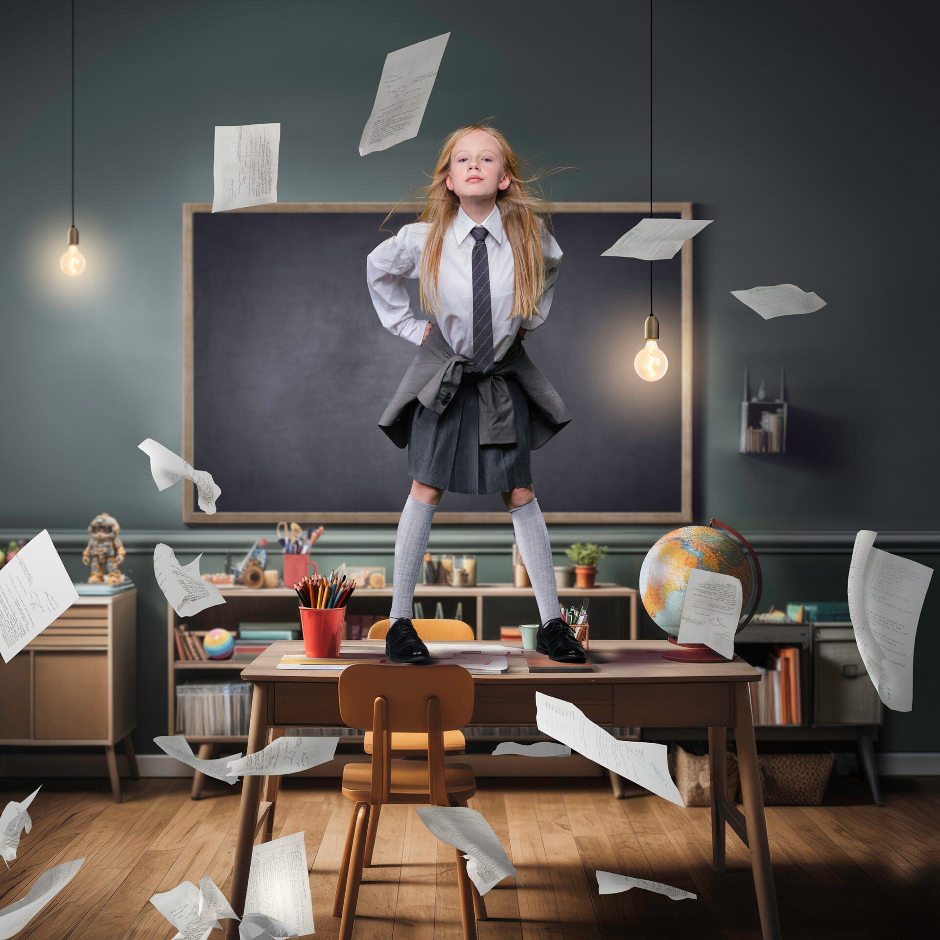 Jente som står på et kateter med papirer som svever i luften, fra stykket Matilda