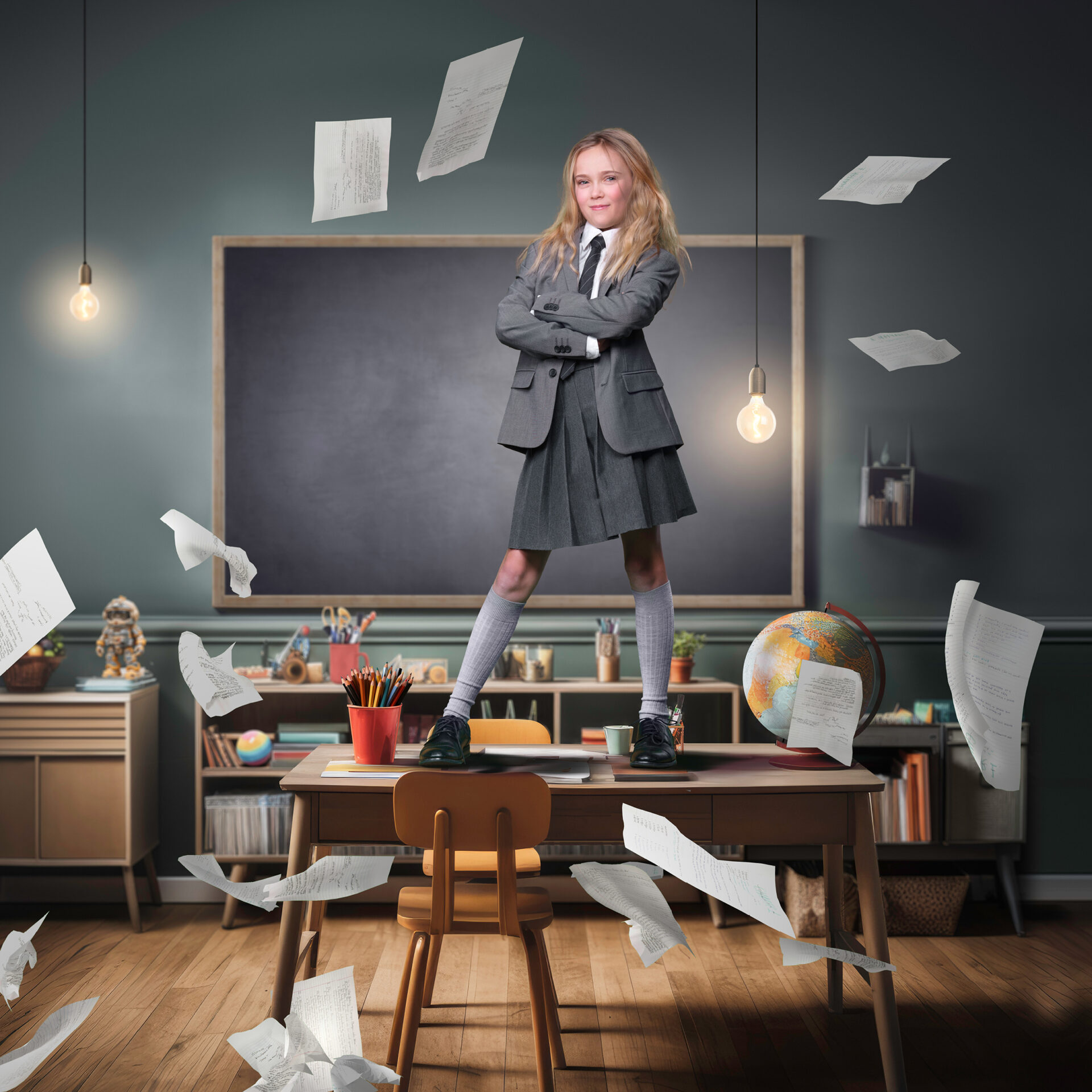 Jente som står på et kateter med papirer som svever i luften, fra stykket Matilda