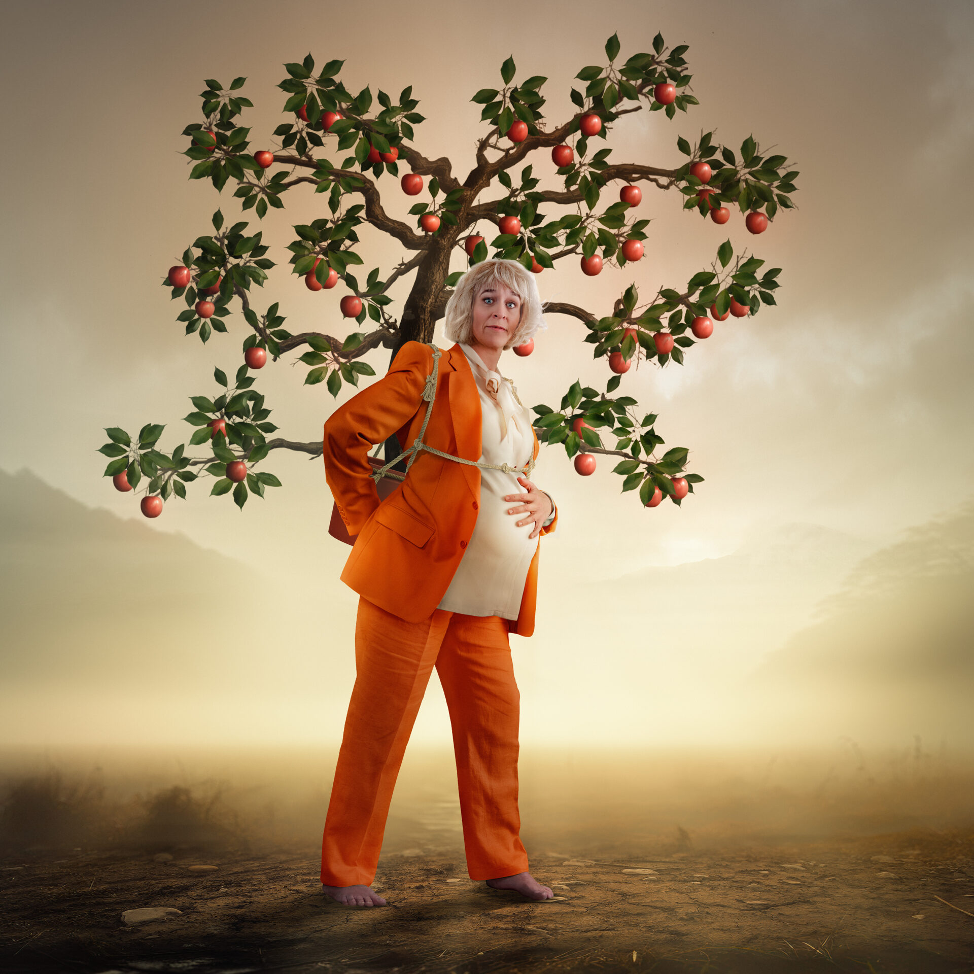 Gravid kvinne som bærer et epletre på ryggen