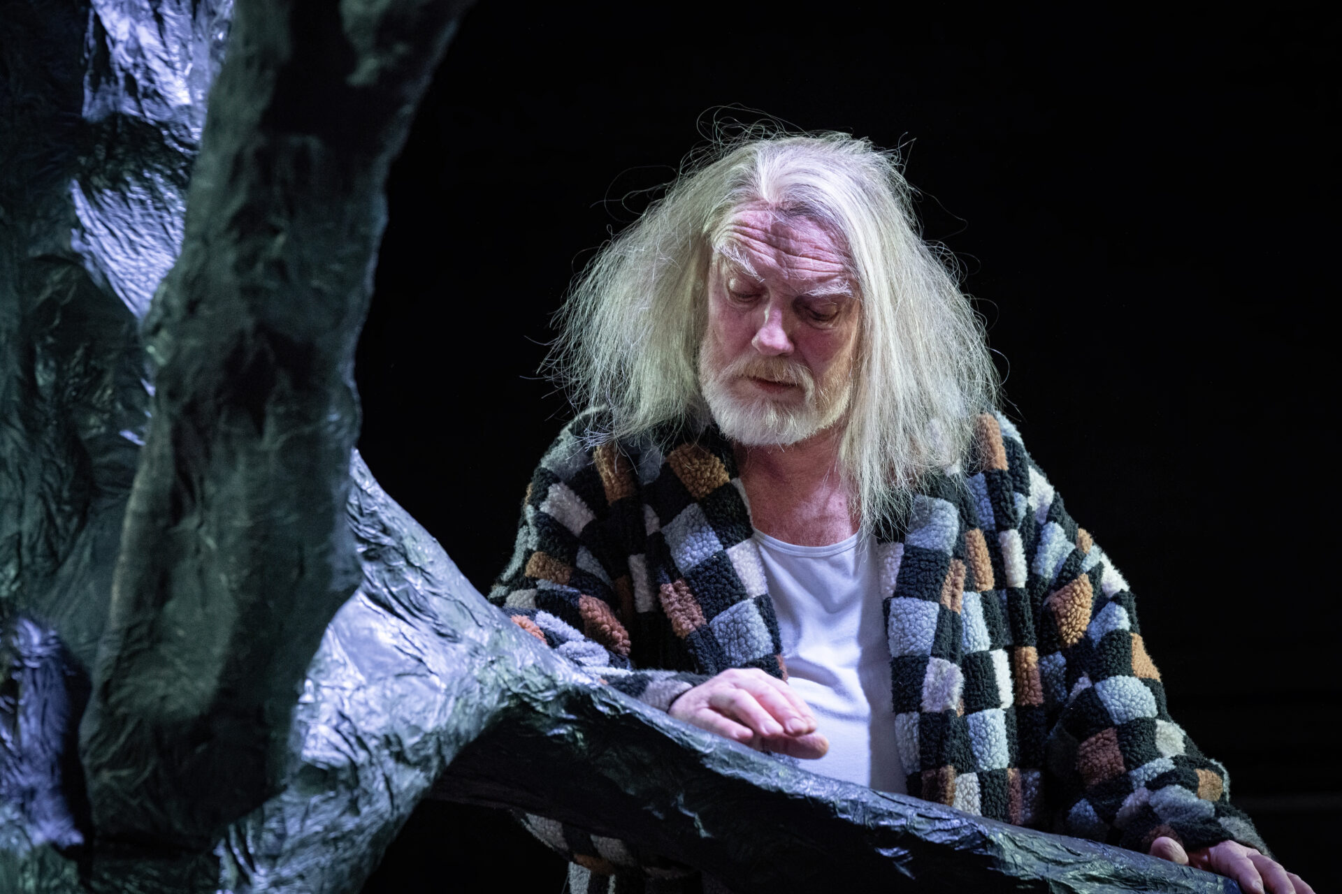 Gammel mann som sitter ved et tre