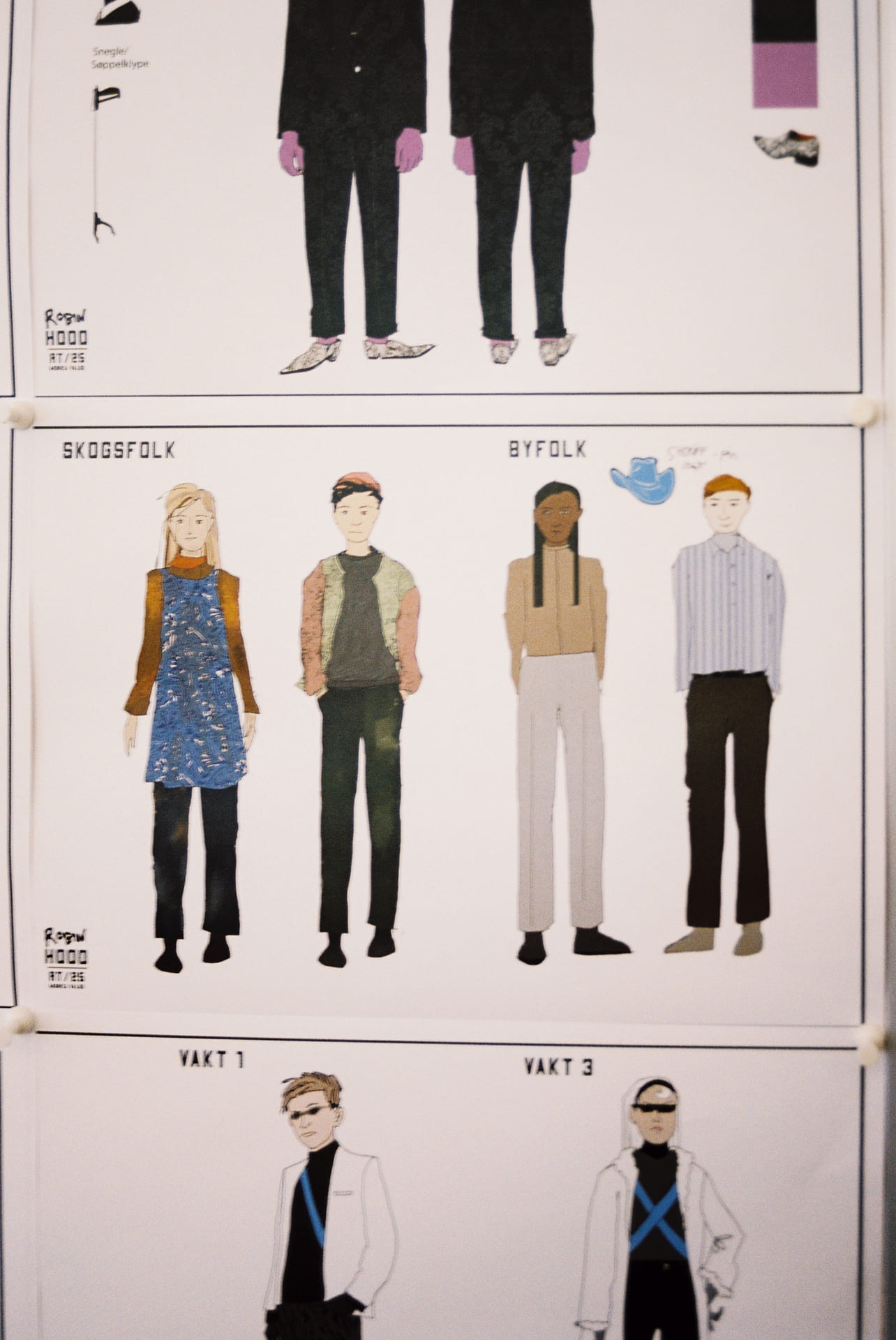 Fire illustrasjoner som viser ulike klesstiler for skogsfolket og byfolket.