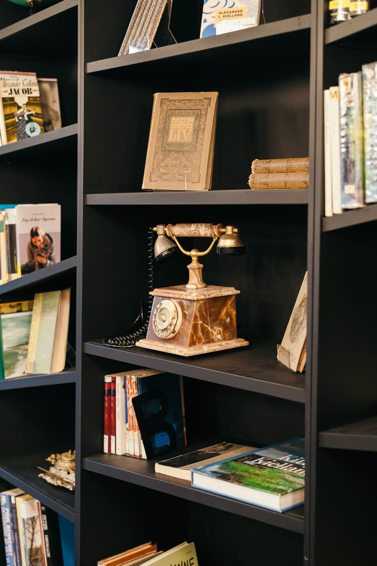 Nærbilde av en hylle fylt med bøker. Midt i hyllen står en retro telefon med tallskive.